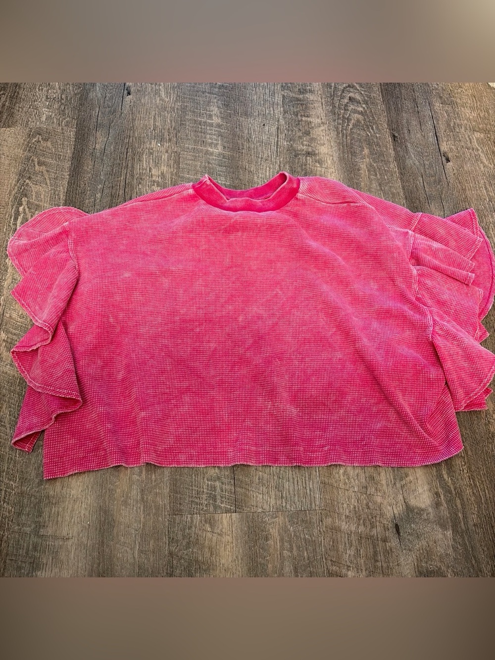 Altar'd State XXS Bright Pink Ruffle-Sleeve Waffle Top